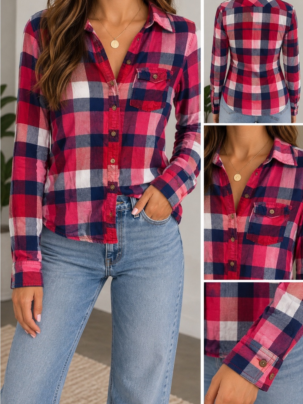 Abercrombie & Fitch Pink Red Navy Plaid Flannel Button Up Shirt S
